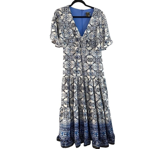TAYLOR Blue Pattern Printed V-Neckline Short Sleeve Bodice Cut-Out Midi Dress 8 - Picture 3 of 7